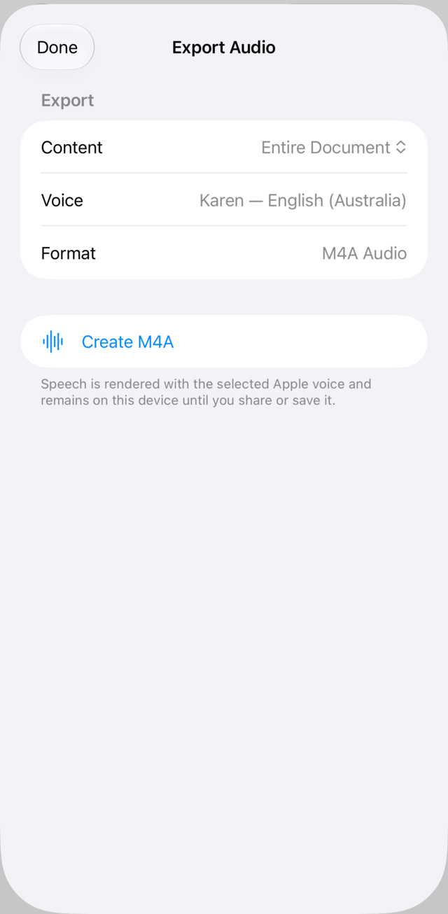 Exporting a document to an M4A audio file