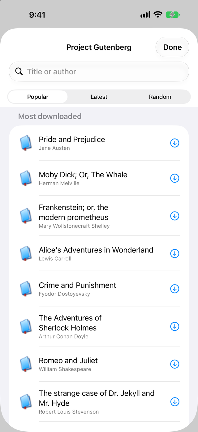 The Project Gutenberg browser listing the most downloaded books