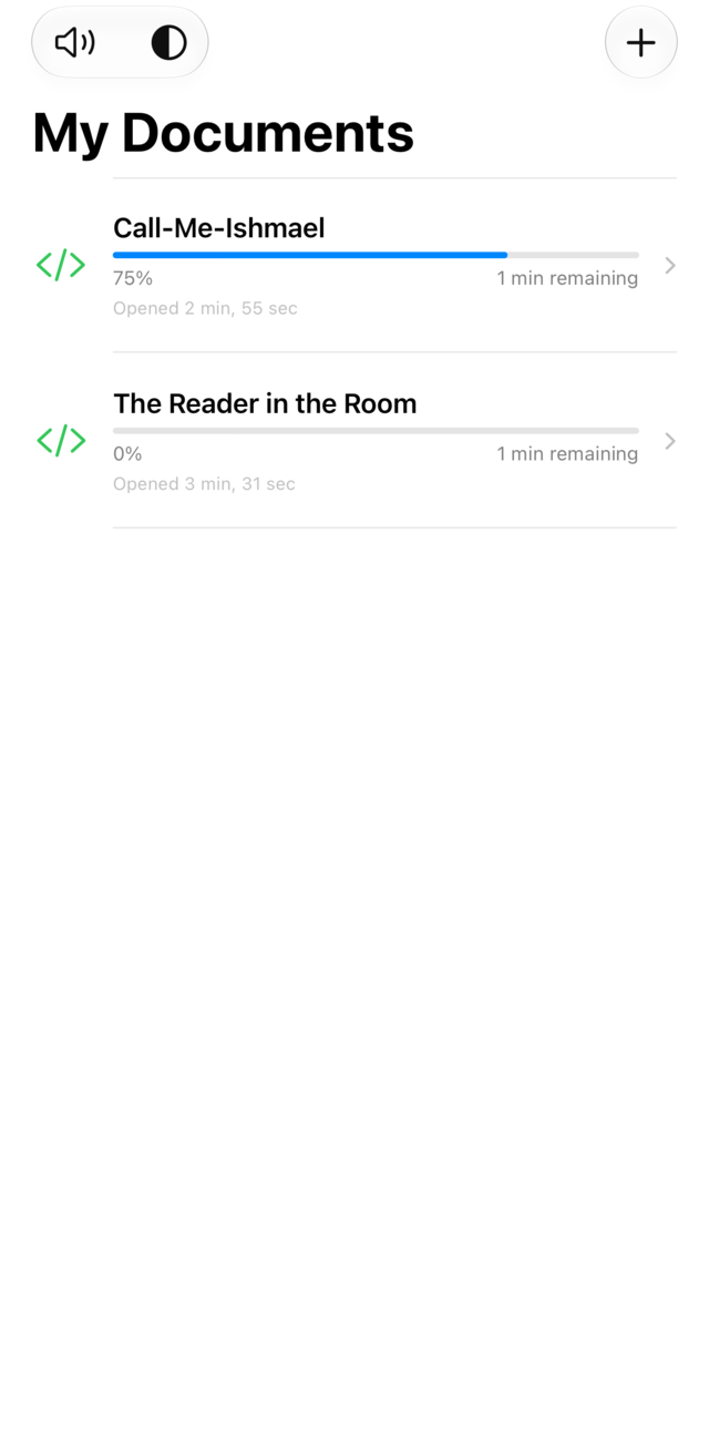 The document library with reading progress on each item