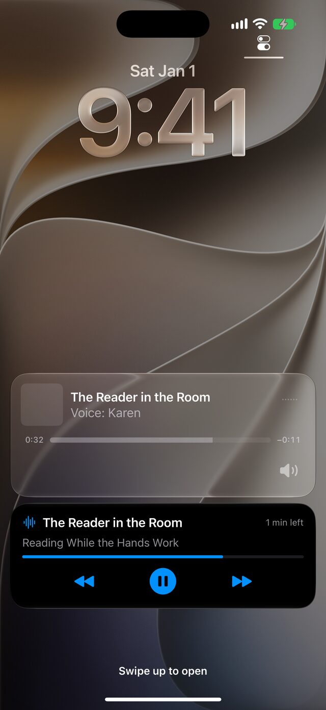 The Lock Screen showing Lector's reading controls with pause and skip buttons