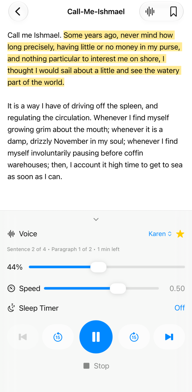 Lector reading Moby-Dick aloud with the current passage highlighted
