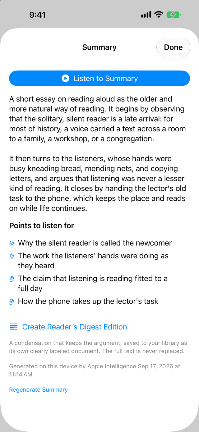 A summary of an essay with points to listen for, generated on the iPhone