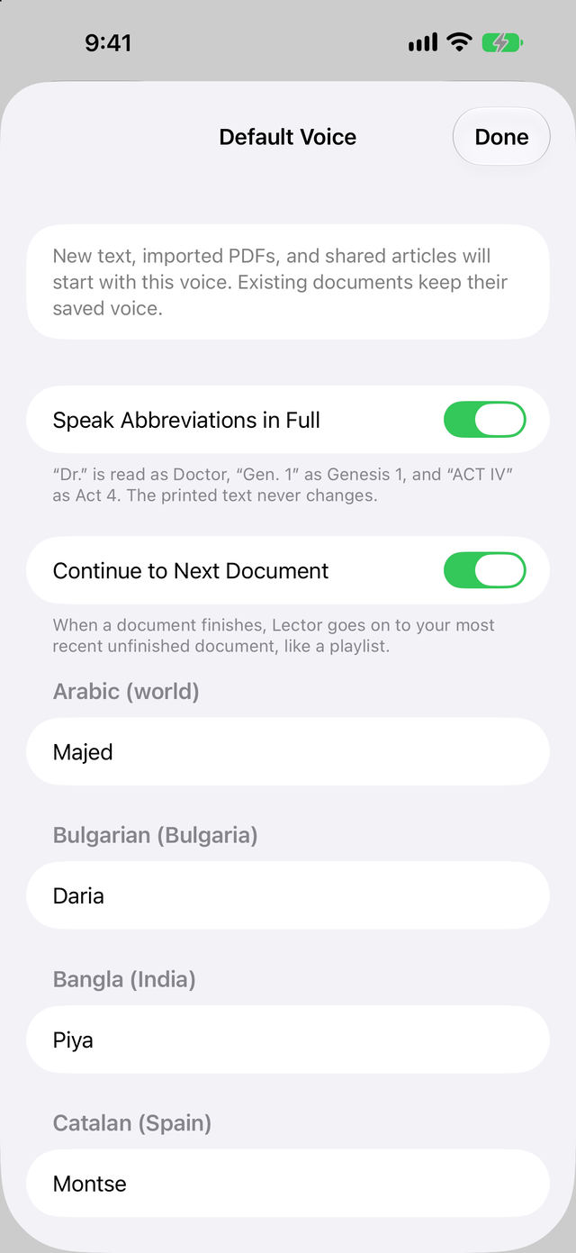 Voice settings with the switch to speak abbreviations in full