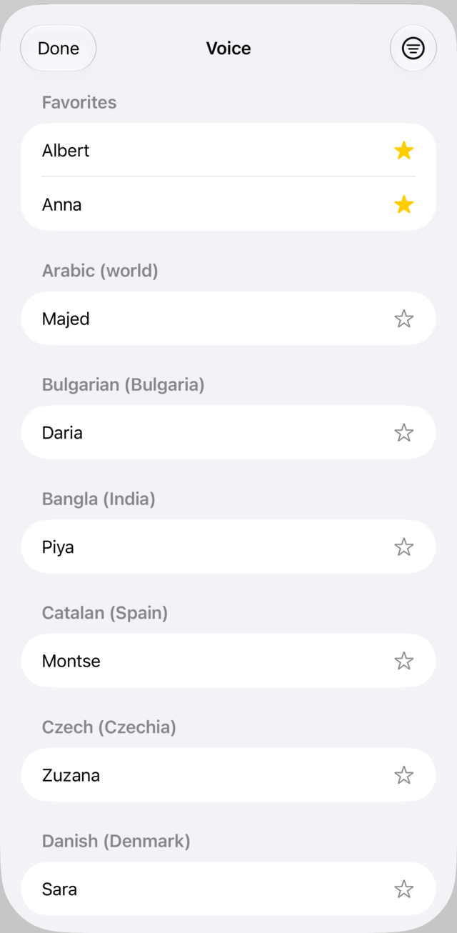 The voice list grouped by language with favorites pinned at the top